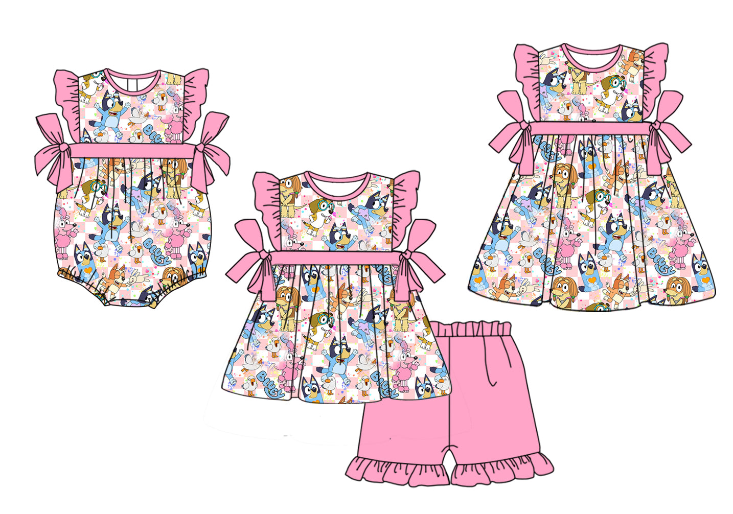 1.16 custom each style moq 5eta 4-6week Sibling Sisters cartoon dog floral baby girl short sleeve shorts sets and dress and rompers match family design