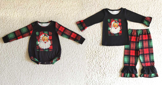 Baby girls Santa Claus print green red stripes black Sibling Sister Clothes Sets