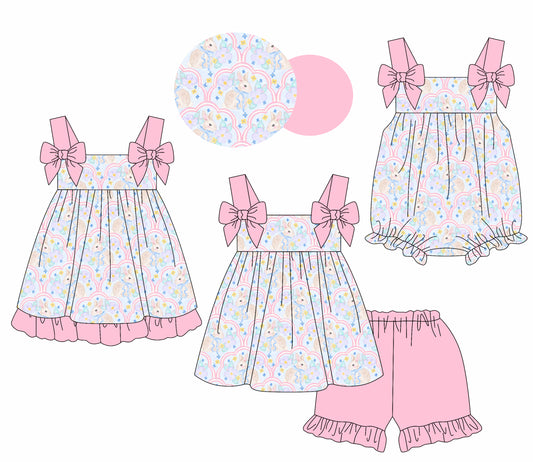 1.23 custom each style moq 5eta 4-6week Sibling Sisters easter floral baby girl short sleeve shorts sets and dress and rompers match family design