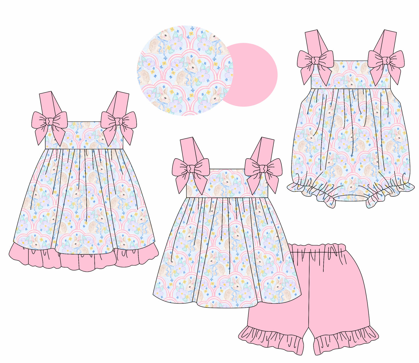 1.23 custom each style moq 5eta 4-6week Sibling Sisters easter floral baby girl short sleeve shorts sets and dress and rompers match family design