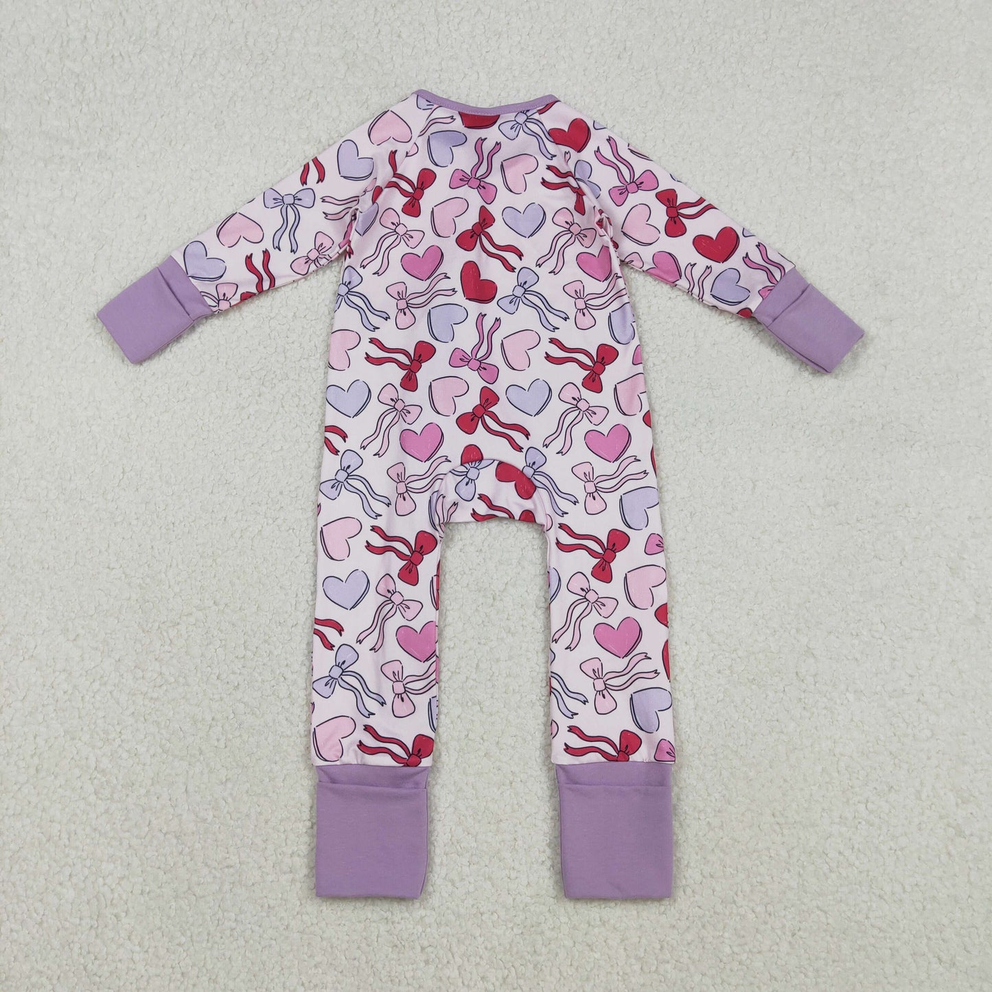 RTS NO MOQ（In Stock ) Heart-shaped bow pattern pinkish-purple zip-up long-sleeved jumpsuit