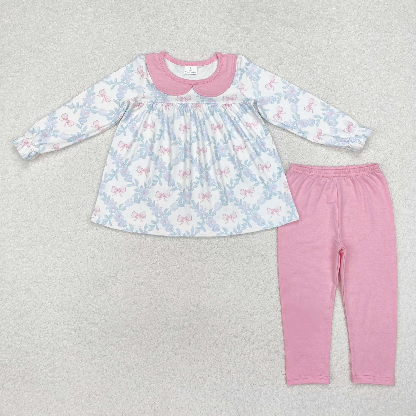 RTS NO MOQ ETA 5/7days Arrived GLP1876 Bow pattern flower leaf pink doll collar white long-sleeved trousers set