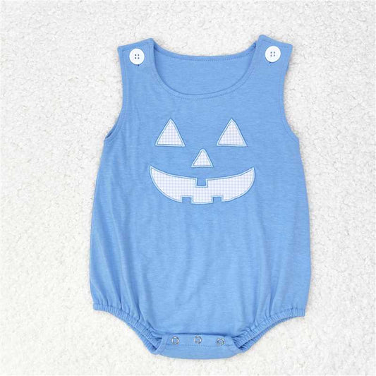 RTS NO MOQ（In Stock ) SR1926 Halloween embroidery smiley face blue vest jumpsuit
