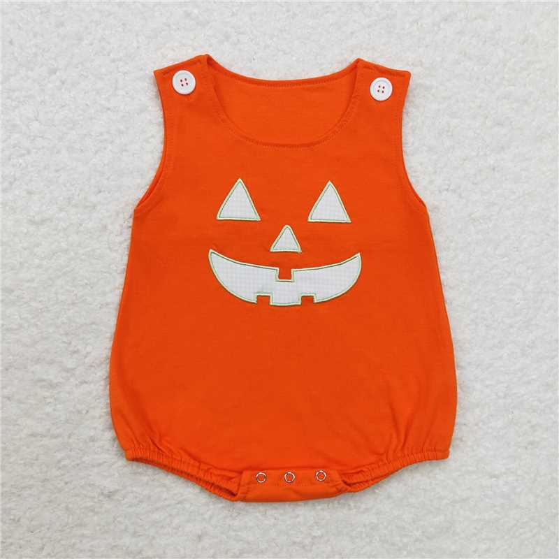 RTS NO MOQ（In Stock ) SR1937 Halloween embroidery smiley face orange vest jumpsuit
