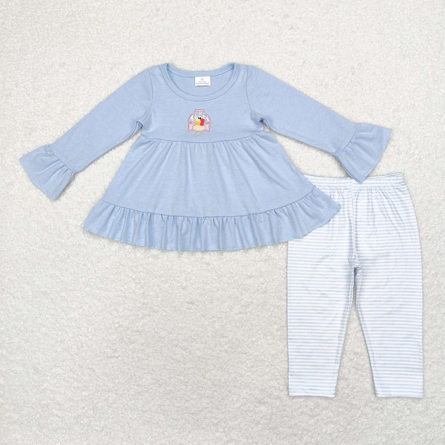 rts no moq GLP1384 Embroidered Turkey Blue Long Sleeve Stripe Pants Set