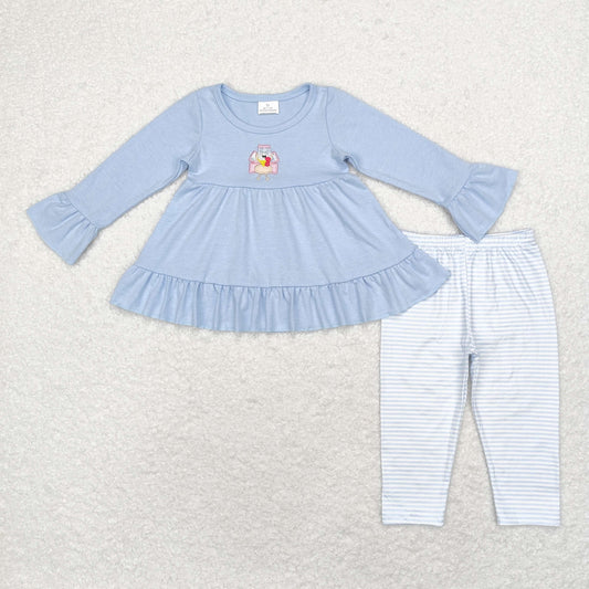 rts no moq GLP1384 Embroidered Turkey Blue Long Sleeve Stripe Pants Set