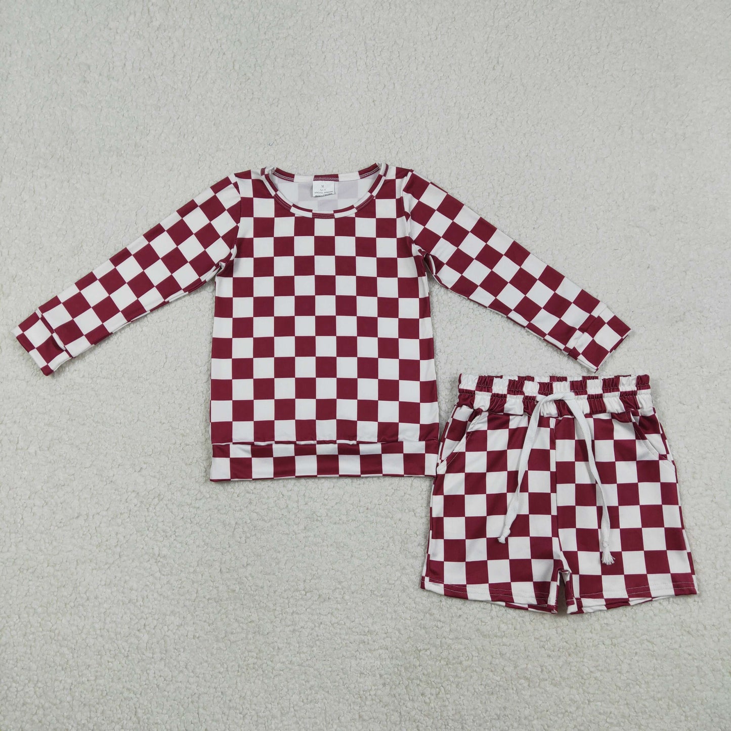 RTS NO MOQ（In Stock) Dark Red Plaid Long-Sleeve Shorts Set
