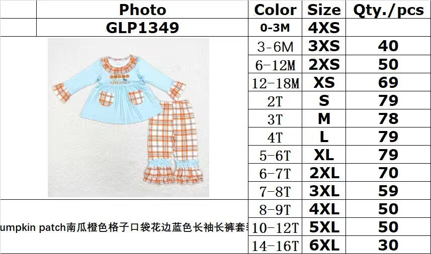 rts no moq GLP1349 Pumpkin patch pumpkin orange plaid pocket lace blue long-sleeved trousers set