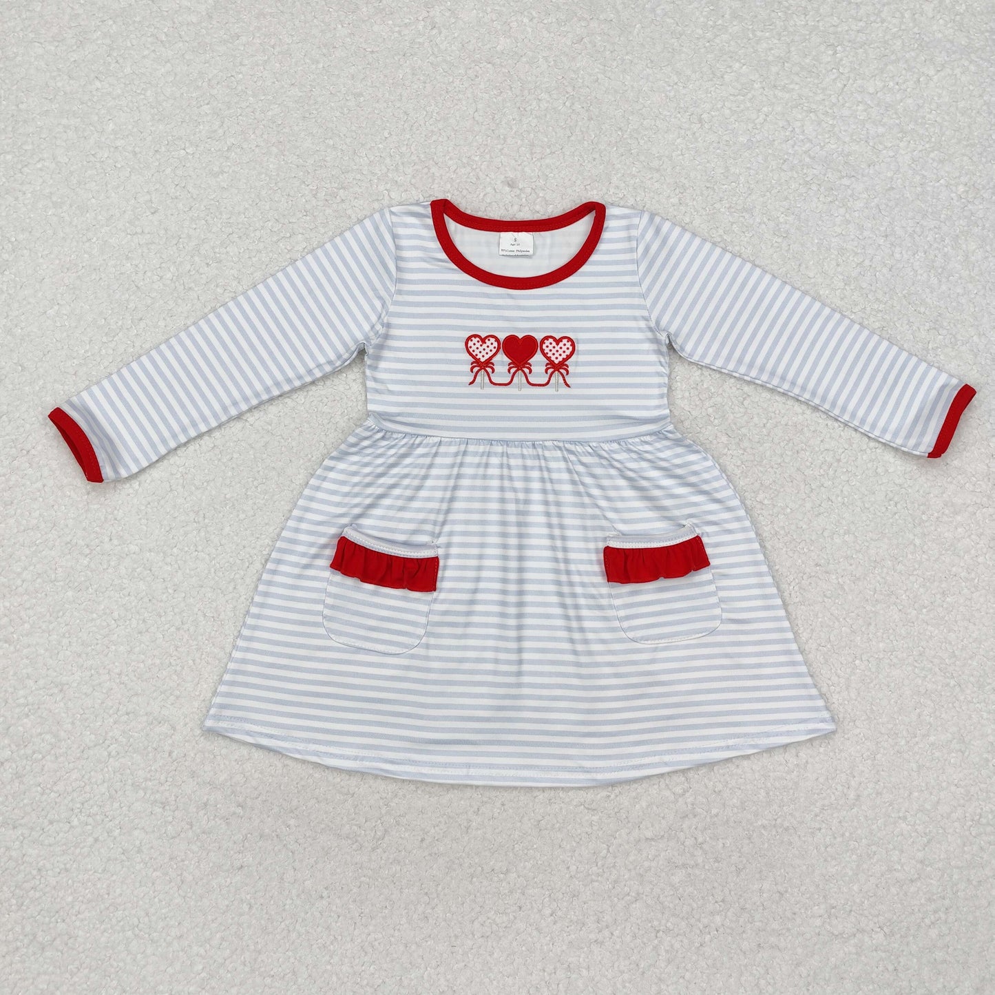 RTS NO MOQ ETA 5/7days arrived GLD0884 Embroidered heart stripe red lace pocket long sleeve dress