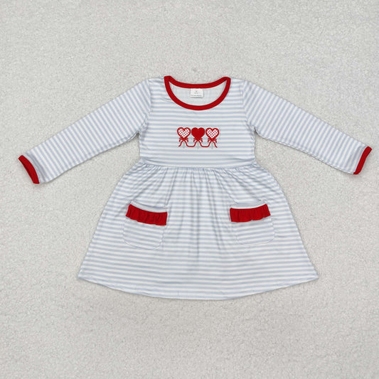 RTS NO MOQ ETA 5/7days arrived GLD0884 Embroidered heart stripe red lace pocket long sleeve dress