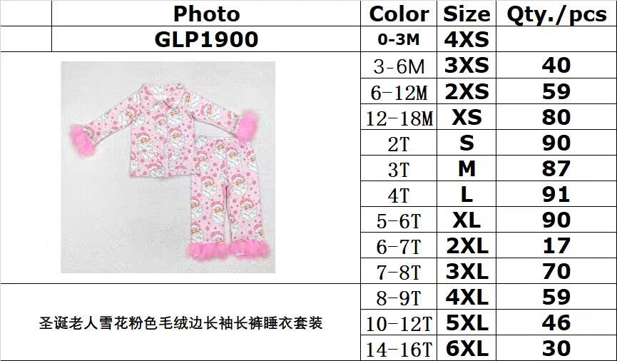 RTS NO MOQ ETA 5/7days arrived GLP1900 Santa Claus snowflake pink plush edge long sleeve long pants pajamas set