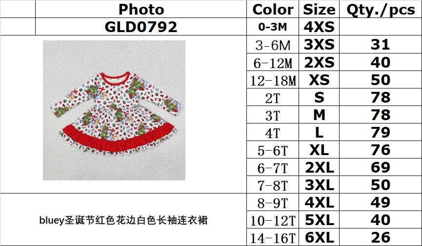 RTS NO MOQ ETA 5/7days arrived GLD0792 bluey Christmas red lace white long-sleeved dress