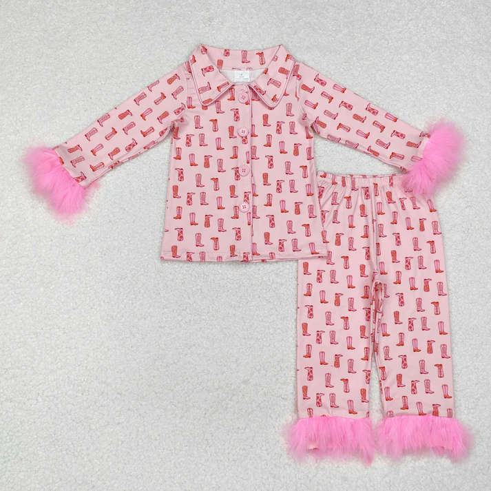 RTS NO MOQ Family Mommy and Me Baby Girls Western Pink Boots Fur Pajamas Rompers