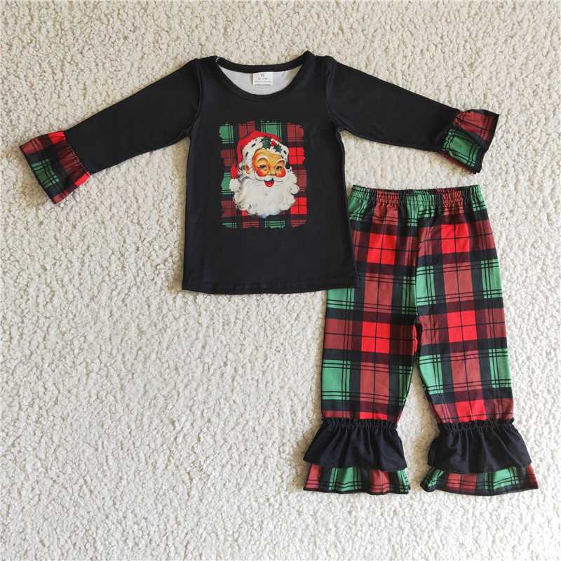 Baby girls Santa Claus print green red stripes black Sibling Sister Clothes Sets