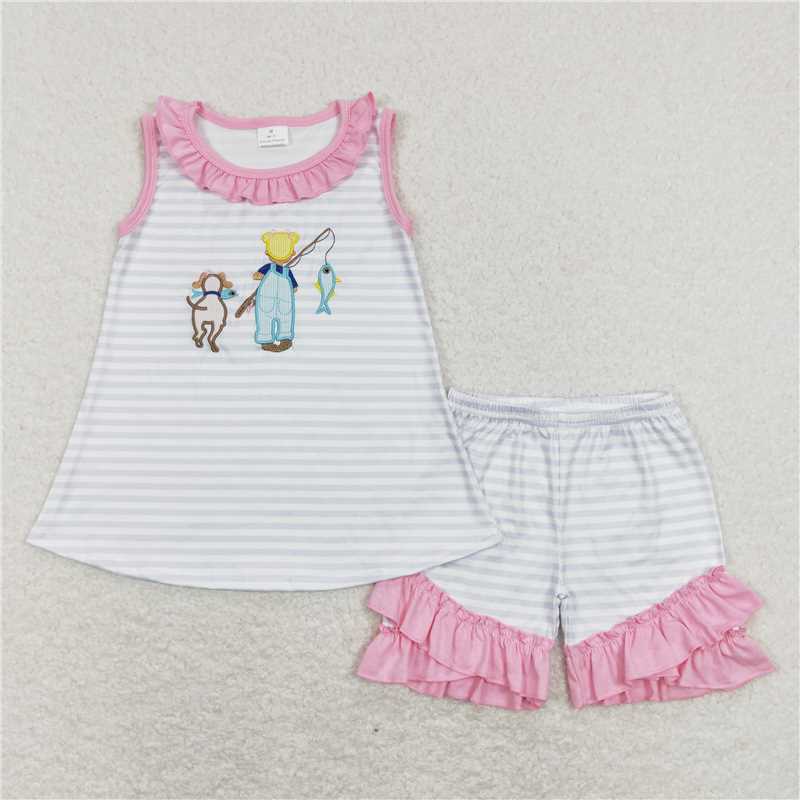 Baby Girls Fishing kid and dog prints blue and pink Sibling Rompers Clothes Sets