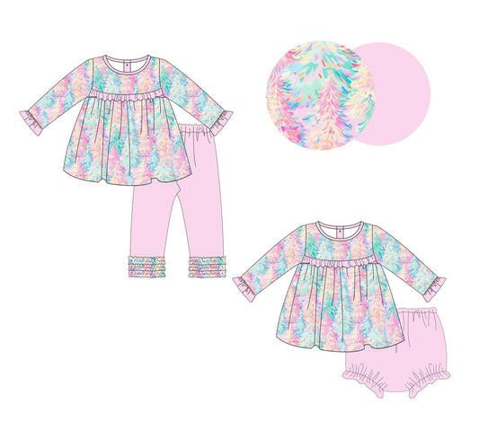 5.14custom each style moq 5eta 4-5week Sibling Sister colorful woods print pink girls outfit match family design