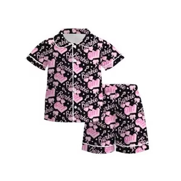 custom moq 5 eta 4-5 weeks baby girls clothes barbie short sleeve shorts summer pajama outfit