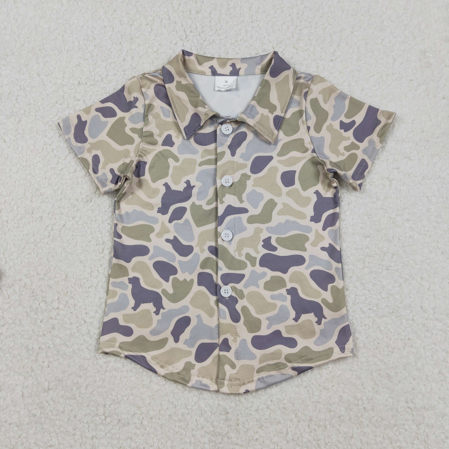 RTS NO MOQ（In Stock) Puppy Gray-Green Camouflage Button-Up Short-Sleeve Top