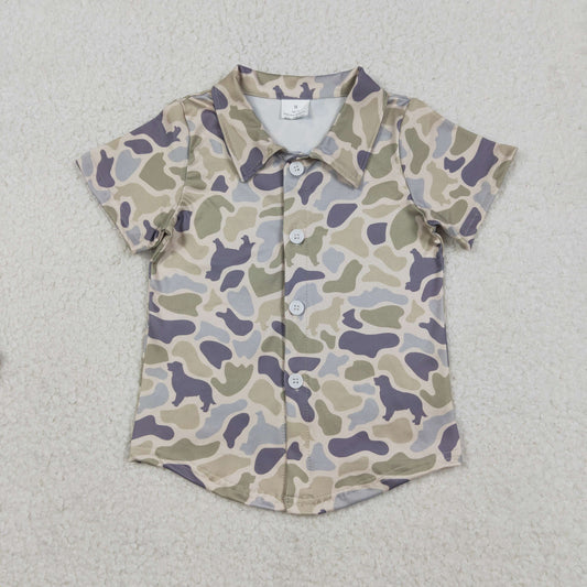 RTS NO MOQ（In Stock) Puppy Gray-Green Camouflage Button-Up Short-Sleeve Top