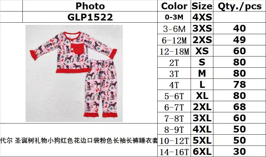 bamboo rts no moq GLP1522 Modal Christmas tree gift puppy red lace pocket pink long sleeve trousers pajamas set