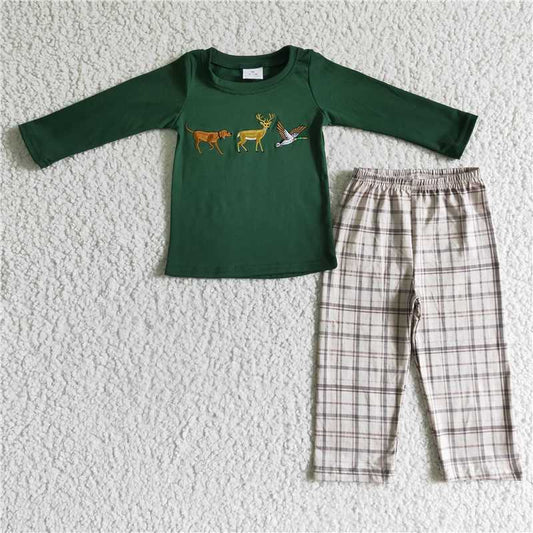 RTS NO MOQ（In Stock) BLP0064 Embroidered duck green Long Sleeve Pants Set