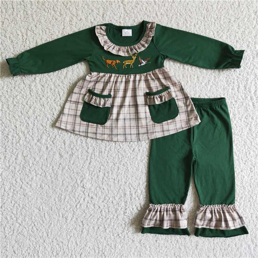 RTS NO MOQ（In Stock) GLP0162 Embroidered duck green Long Sleeve Pants Set
