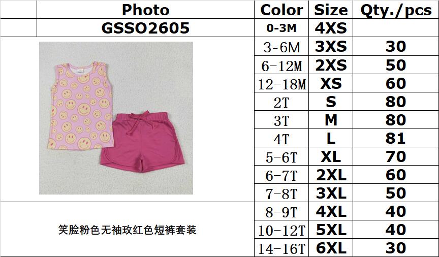 RTS NO MOQ GSSO2605 Smiley pink sleeveless rose red shorts set