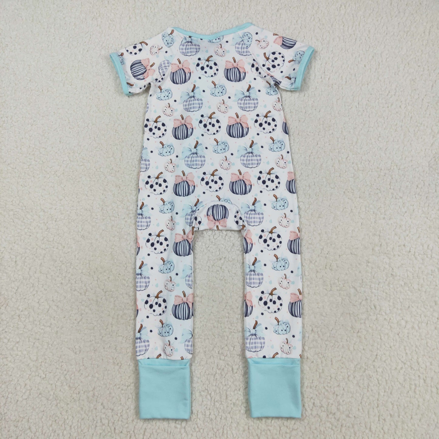 RTS NO MOQ（In Stock) SR3109 Blue and white short-sleeved zip-up bodysuit with a pumpkin bow pattern