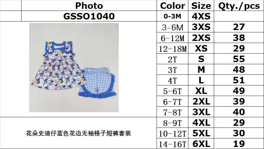 rts no moq GSSO1040 Floral Stitch Blue Lace Sleeveless Plaid Shorts Suit