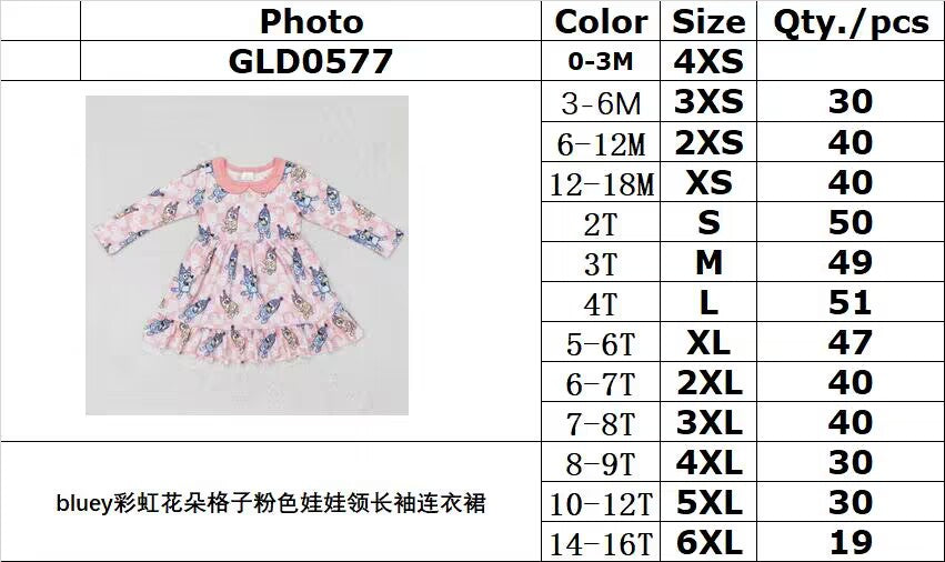 rts no moq GLD0577 bluey rainbow flower plaid pink doll collar long-sleeved dress