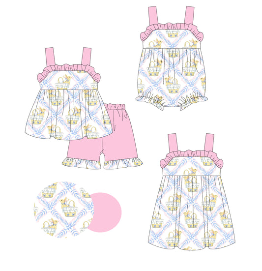 1.23 custom each style moq 5eta 4-6week Sibling Sisters easter floral baby girl short sleeve shorts sets and dress and rompers match family design