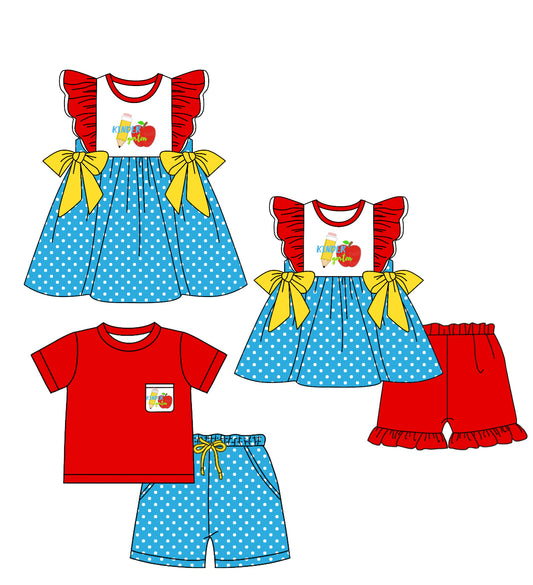 1.16 custom each style moq 5eta 4-6week Sibling Sisters back to school baby girl short sleeve shorts sets and dress and rompers match family design