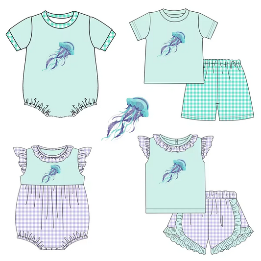 5.10custom each style moq 5eta 4-5week Sibling Sister jellyfish prints blue and purple girls and boys outfits and baby romper match family design