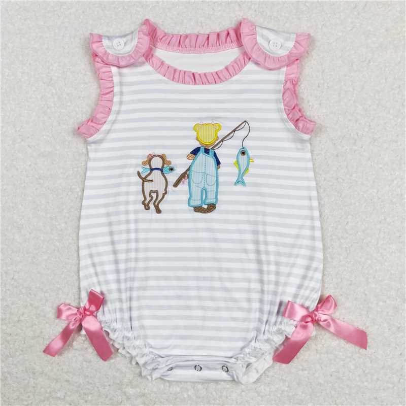 Baby Girls Fishing kid and dog prints blue and pink Sibling Rompers Clothes Sets