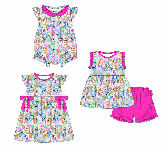 1.4 custom each style moq 5eta 4-6week Sibling Sister cartoon dog baby girl short sleeve shorts sets and dress and rompers match family design