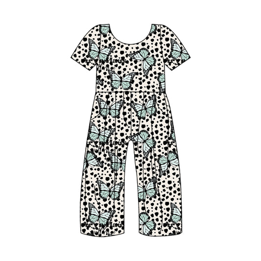 5.2custom each style moq 5eta 4-5week Sibling Sister Butterfly and black dots prints beige girls jumpsuits and dress and baby romper match family design