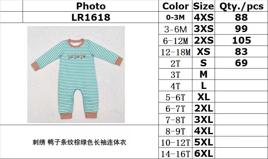 rts no moq LR1618 Embroidered duck striped brown and green long-sleeved jumpsuit