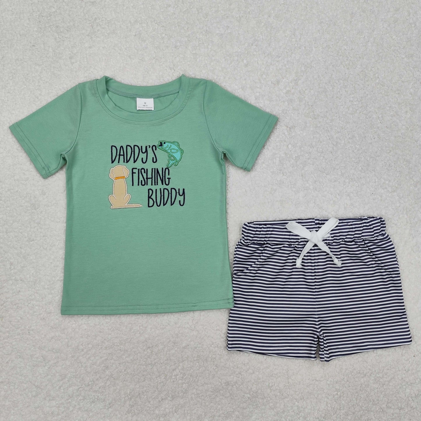RTS NO MOQ ETA 5/7days Arrived BSSO1147 Embroidered daddy's fishing buddy fish puppy green short-sleeved striped shorts set