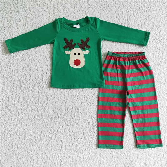 RTS NO MOQ（In Stock) BLP0008 Embroidered Christmas deer green Long Sleeve Pants Set