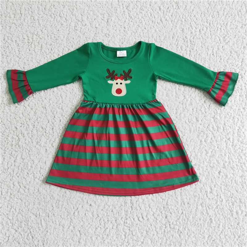 RTS NO MOQ（In Stock) GLD0014 baby clothing embroidery Christmas deer green long sleeve dress
