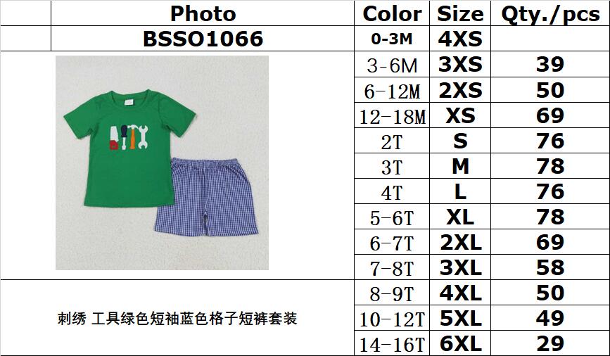RTS NO MOQ BSSO1066 Embroidery tool green short sleeve blue plaid shorts set