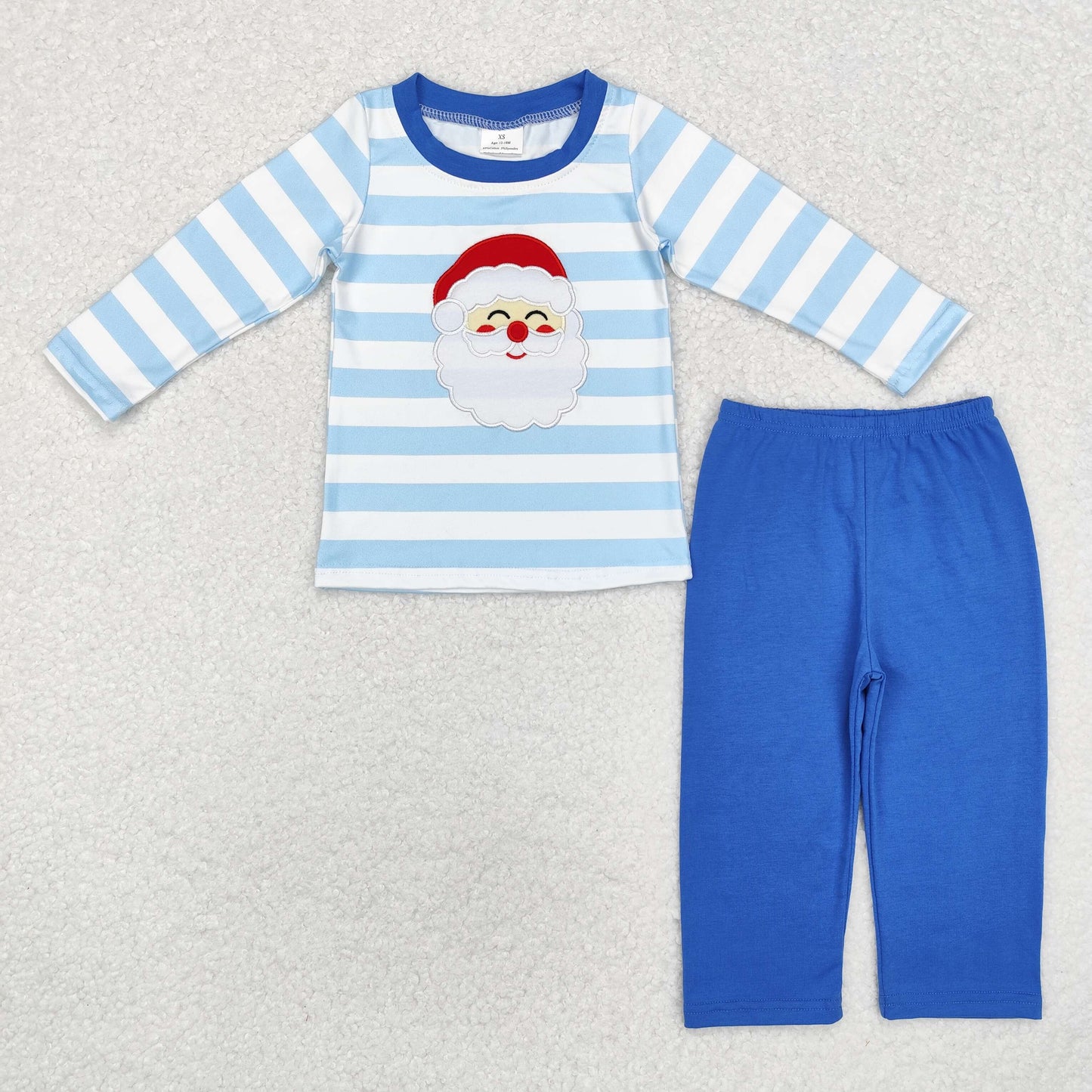 RTS NO MOQ ETA 5/7days BLP0810 Embroidered Santa Claus blue and white striped long-sleeved pants suit