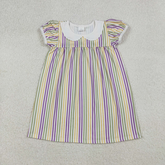 RTS NO MOQ（In Stock) GSD1571 White short-sleeved dress with a carnival stripe and a doll collar