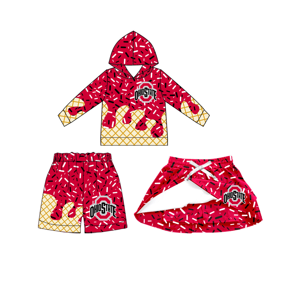 Custom summer teams baby girls clothes team red hooded long sleeve tops and skirts and shorts-25.5.14
