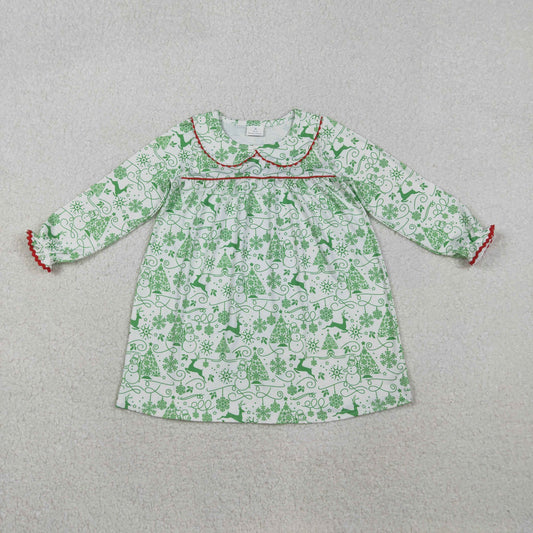 RTS NO MOQ（In Stock ) GLD1345 Christmas Tree Snowman Green and White Peter Pan Collar Long-Sleeved Dress