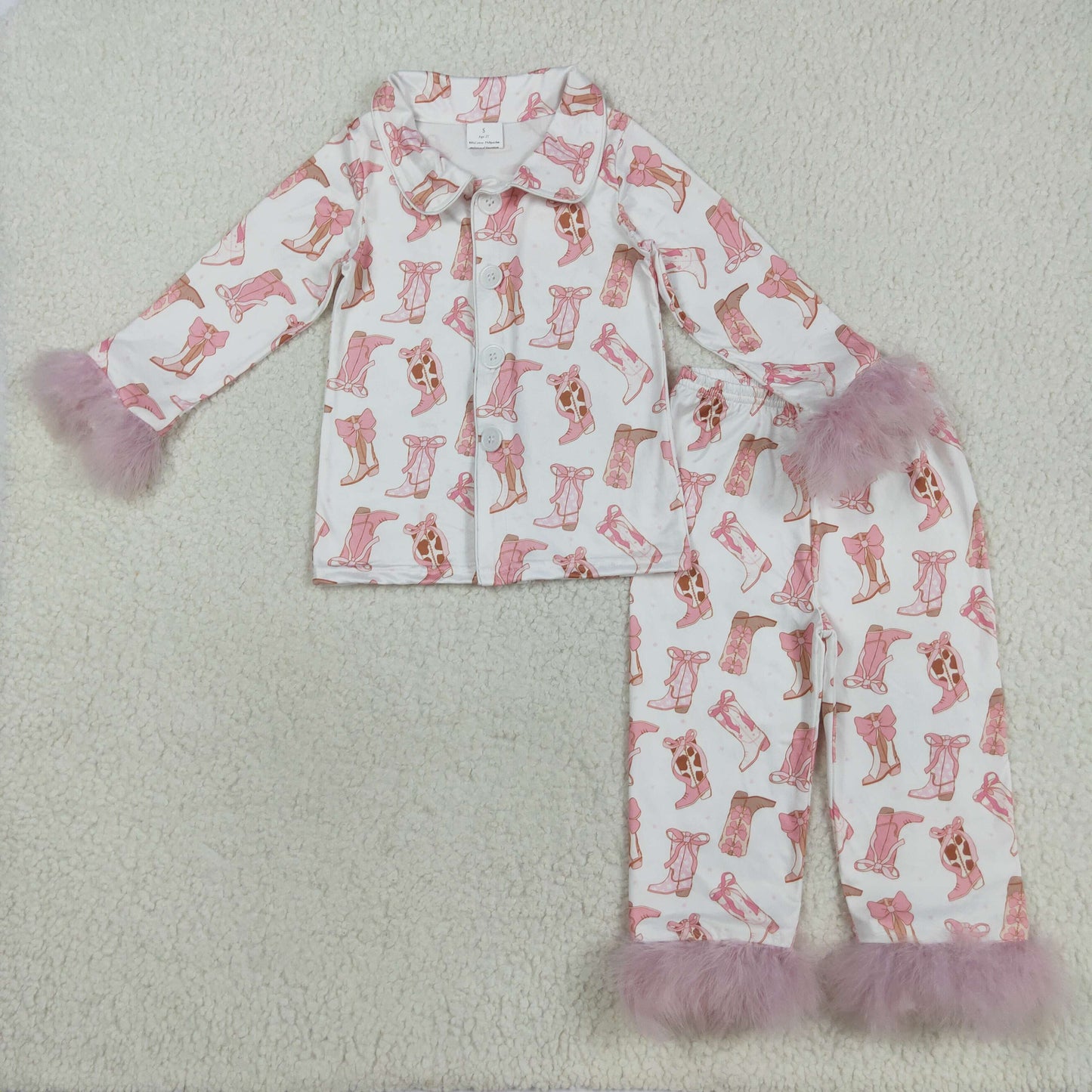 RTS NO MOQ（In Stock) GLP2359 Pink and White Long-Sleeved Pants and Pyjama Set with Furry Boot Trim