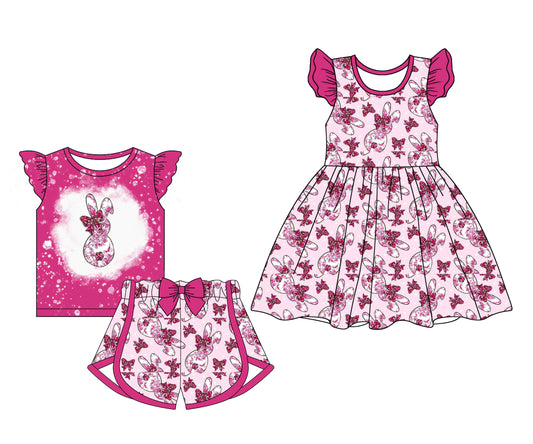 1.23 custom each style moq 5eta 4-6week Sibling Sister easter bow baby girl short sleeve shorts sets and dresses match design