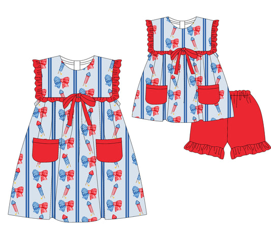 3.17 custom each style moq 5eta 4-6week Sibling Sister bow baby girl short sleeve shorts sets and dresses match design