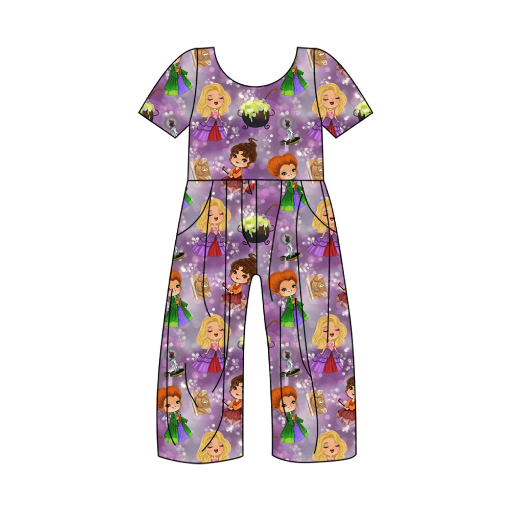 5.2custom each style moq 5eta 4-5week Sibling Sister cartoon character prints purple girls jumpsuits and dress and baby romper match family design