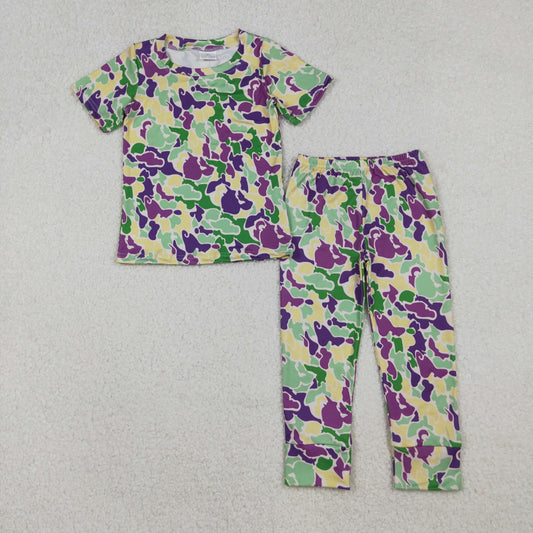 RTS NO MOQ（In Stock) BSPO0584 Carnival green, yellow, and purple camouflage short-sleeved pants pajama set